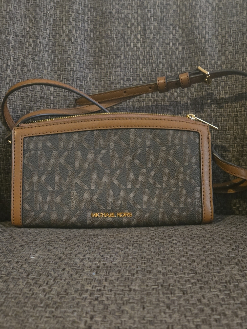 Michael Kors Brown Monogram Crossbody Belt Bag with Gold Logo